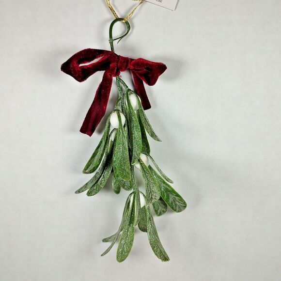 Holiday Style Mistletoe Christmas Ornament Blue Velvet Red Burgundy Bows Glitter - Picture 6 of 13
